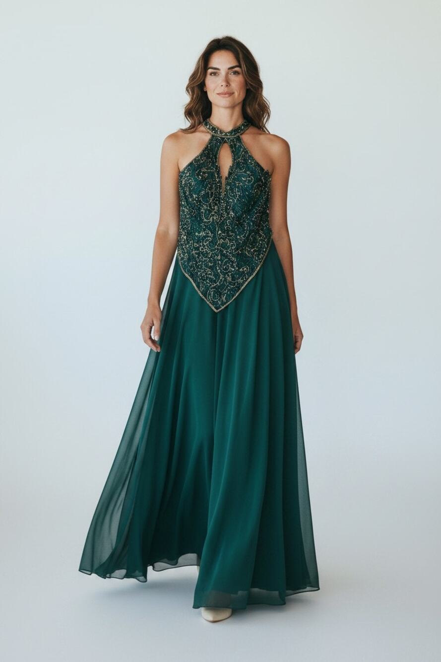 Vintage Precious Formals Silk Evening Gown Womens 14 Green Beaded Halter Neck